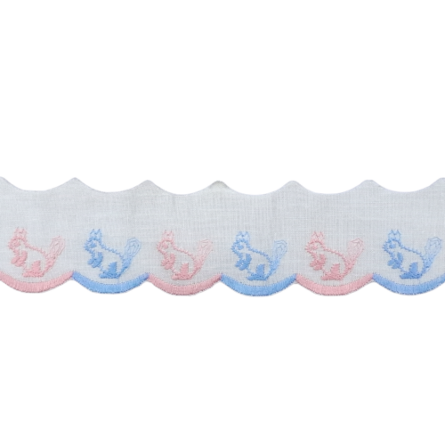 Δαντέλα Ασπροκέντημα Λευκό με Ροζ και Σιελ Σκιουράκια 3,5εκ. κωδ.34348 - Image 1