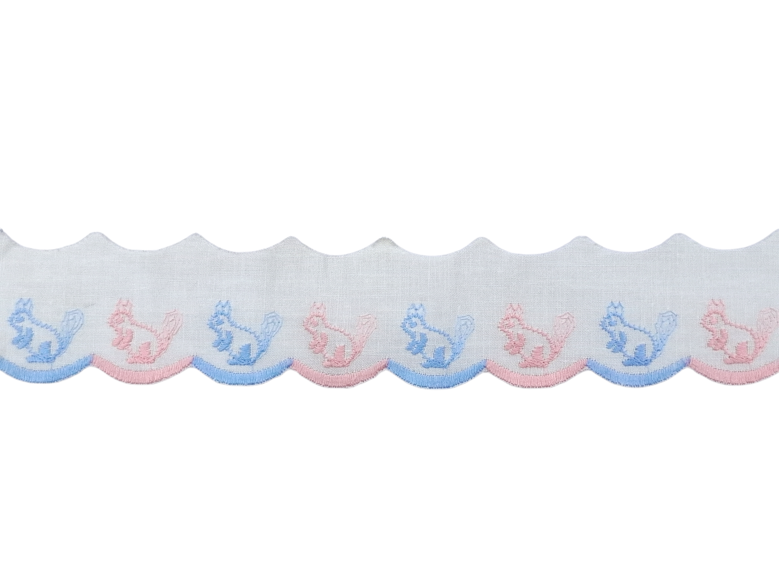 Δαντέλα Ασπροκέντημα Λευκό με Ροζ και Σιελ Σκιουράκια 3,5εκ. κωδ.34348